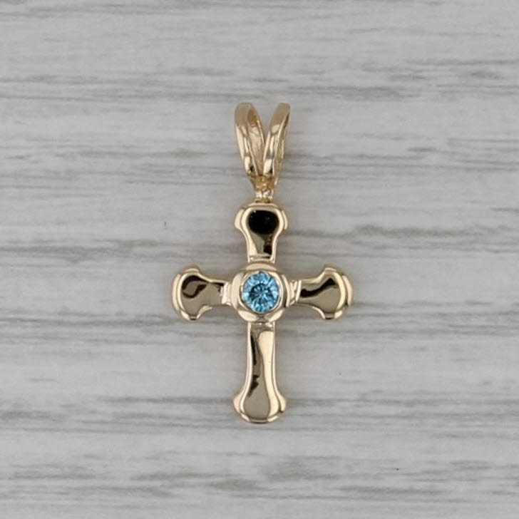 0.10ct Blue Diamond Cross Pendant 14k Yellow Gold Small Drop
