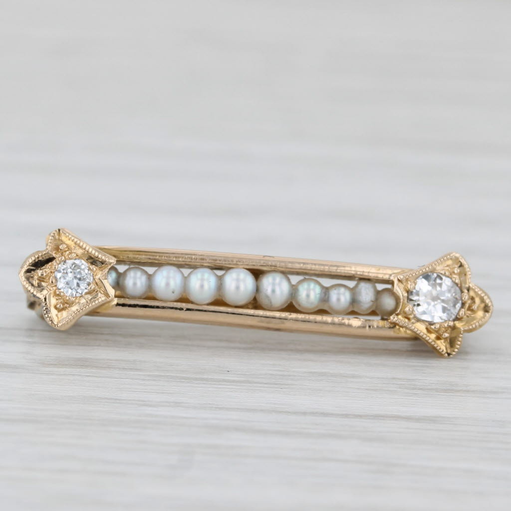 Light Gray Seed Pearl Diamond Small Bar Pin 10k Yellow Gold