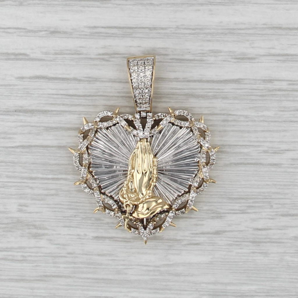 Prayer Hands Radiant Heart Pendant 0.71ctw Diamond 10k Gold Engravable