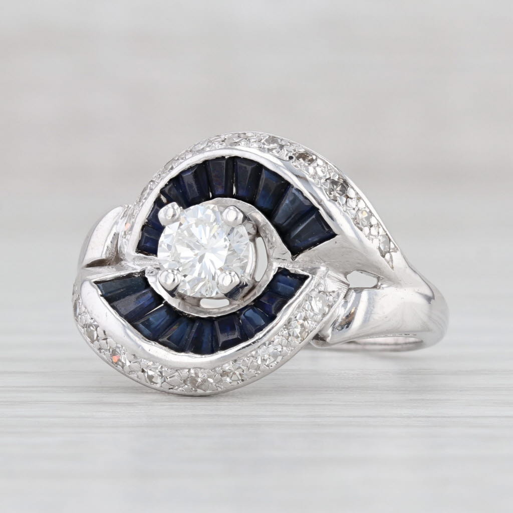 Light Gray Vintage 1.47ctw Blue Sapphire Round Diamond Ring White Gold Size 6.75