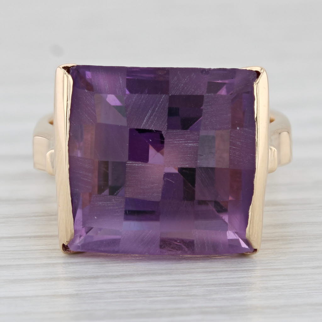 Light Gray 15.50ct Checkerboard Amethyst Ring 14k Yellow Gold Size 7.25-7.5 Cocktail