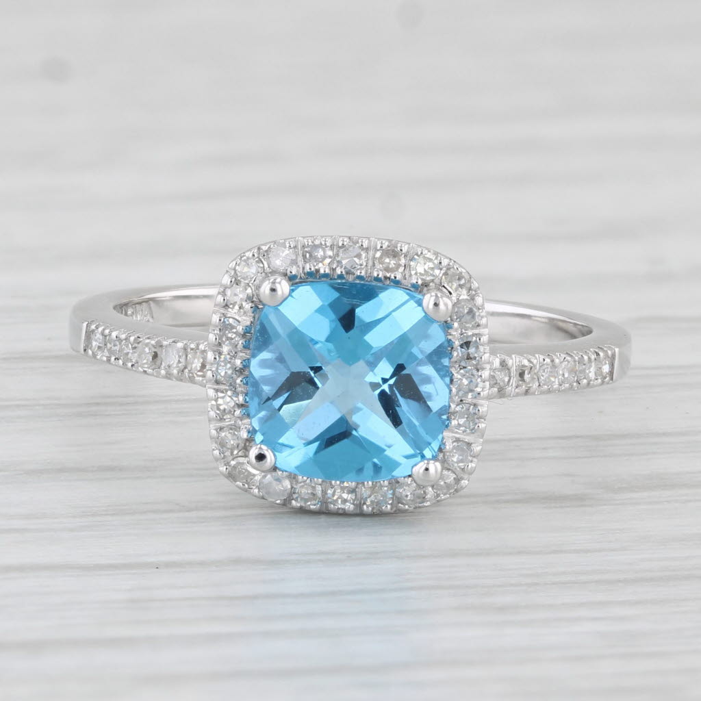 Light Gray 1.95ctw Cushion London Blue Topaz Diamond Halo Ring 14k Gold Size 7 Engagement