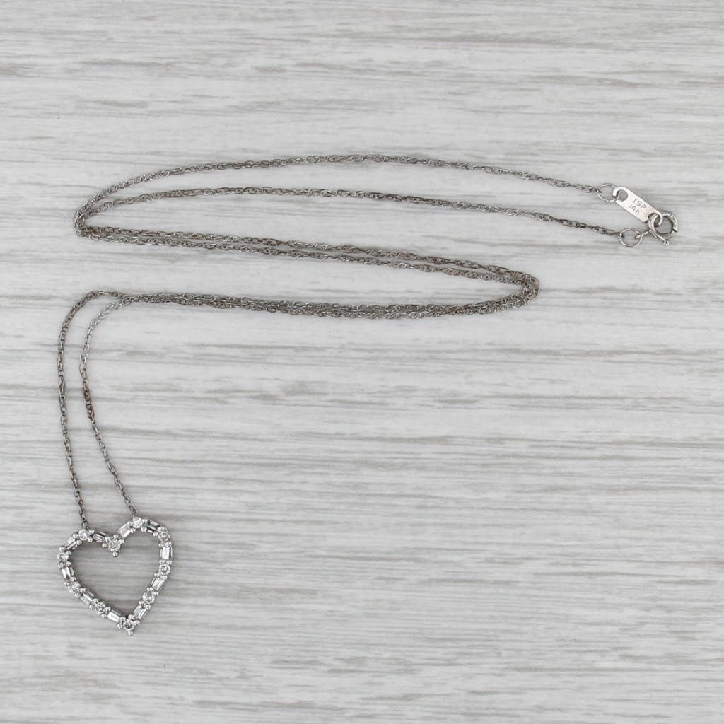 0.23ctw Diamond Open Heart Pendant Necklace 14k White Gold 18.25" Rope Chain
