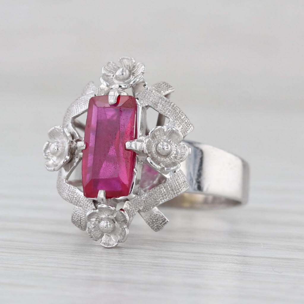 1.90ctw Lab Created Ruby Ornate Flower Ring 10k White Gold Vintage Size