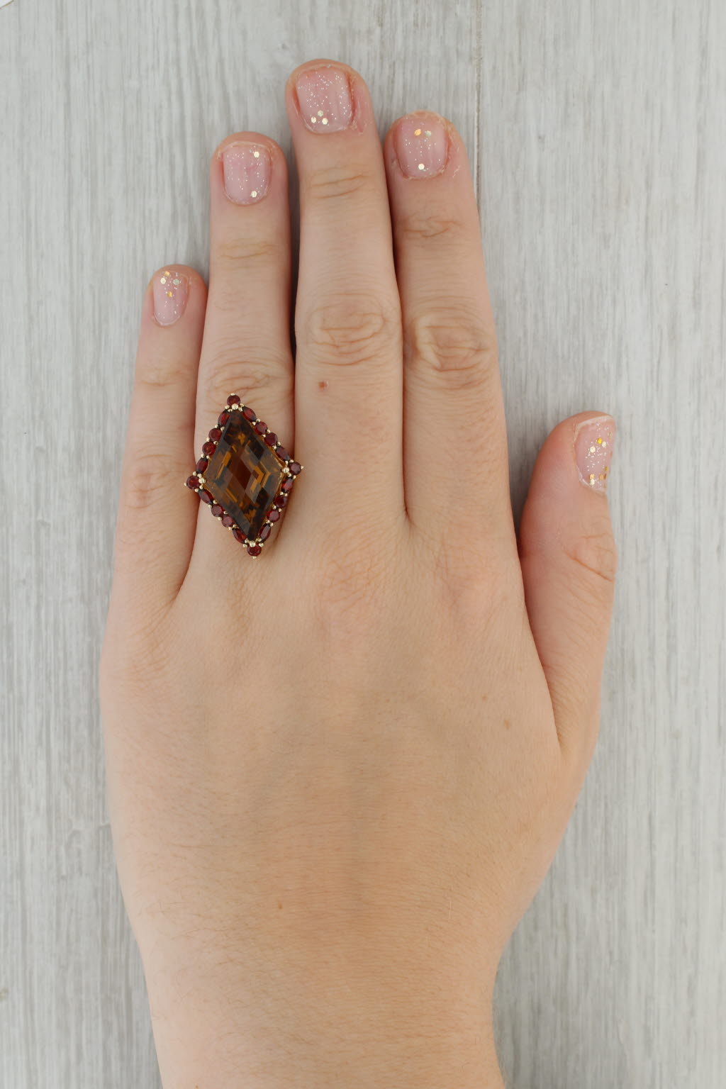 Dark Gray Citrine Garnet Halo Cocktail Ring 10k Yellow Gold Size 7.25