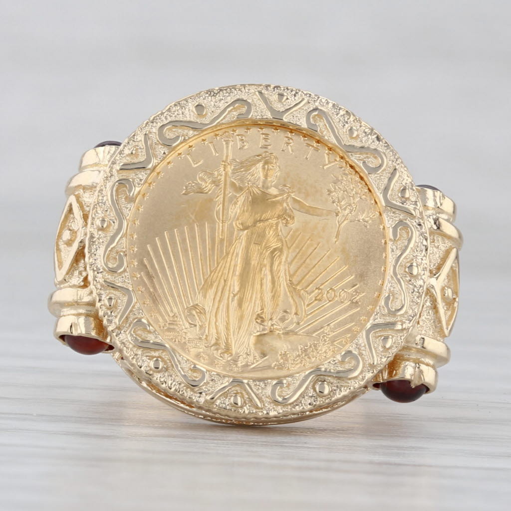2002 American Gold Eagle Coin Ring 14k 22k Gold 1/10oz $5 Garnets Size 7.25