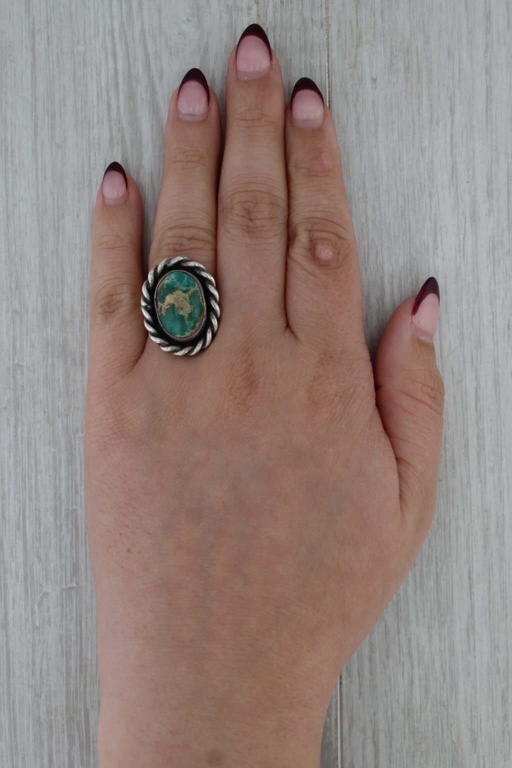 Vintage Native American Green Turquoise Ring Sterling Silver Artisan HMS Size 7