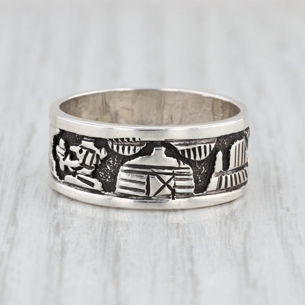 Tribal Figural Band Ring Sterling Silver 9.5mm Size 10.5