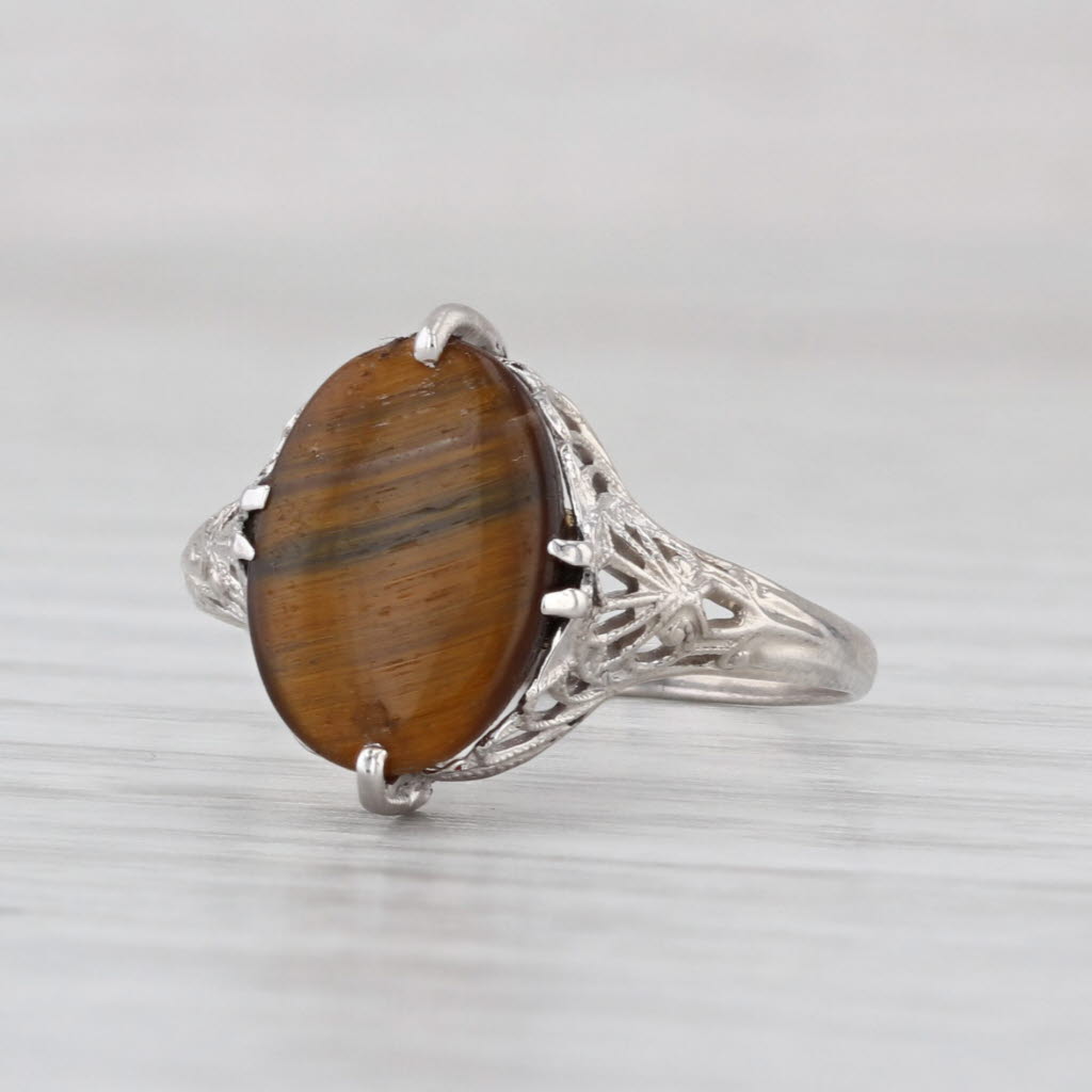 Vintage Tiger's Eye Filigree Ring 14k White Gold Size 6.25