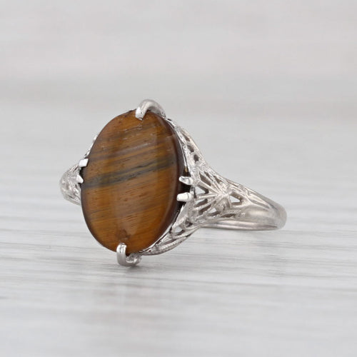 Vintage Tiger's Eye Filigree Ring 14k White Gold Size 6.25