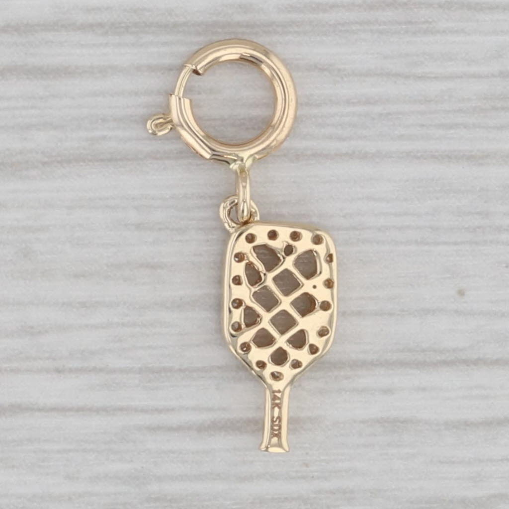 Gray New Small Diamond Pickleball Racket Charm 14k Yellow Gold Pendant