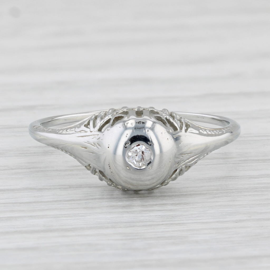 Light Gray Vintage Art Deco Diamond Ring 18k White Gold Size 7.5 Round Solitaire