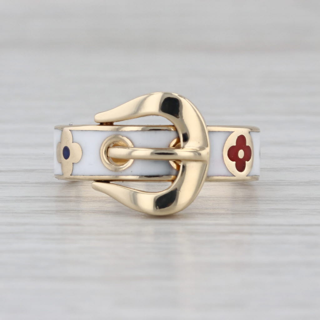 Floral Belt Buckle Ring 14k Yellow Gold Multicolor Resin Size 8 Band