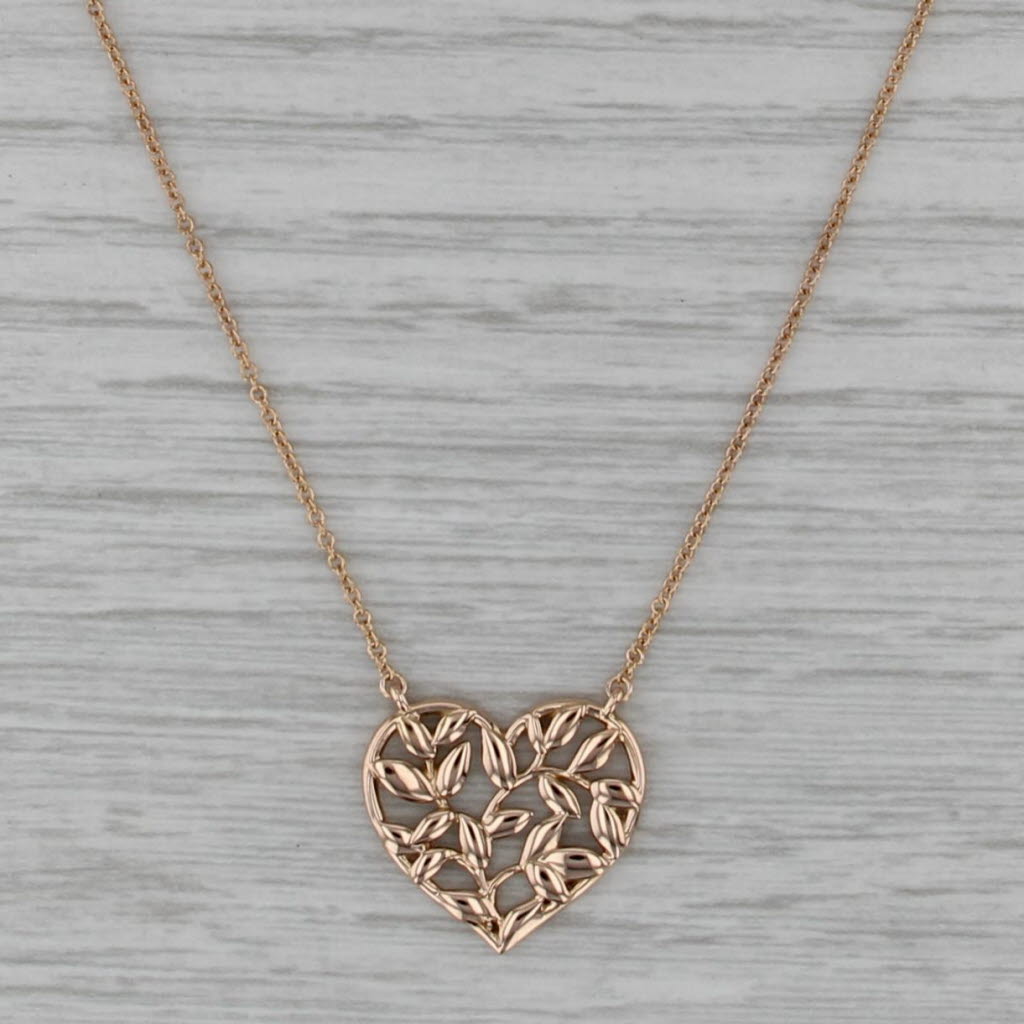 Tiffany Paloma Picasso Olive Leaf Heart Pendant Necklace w/ Pouch 18k Gold