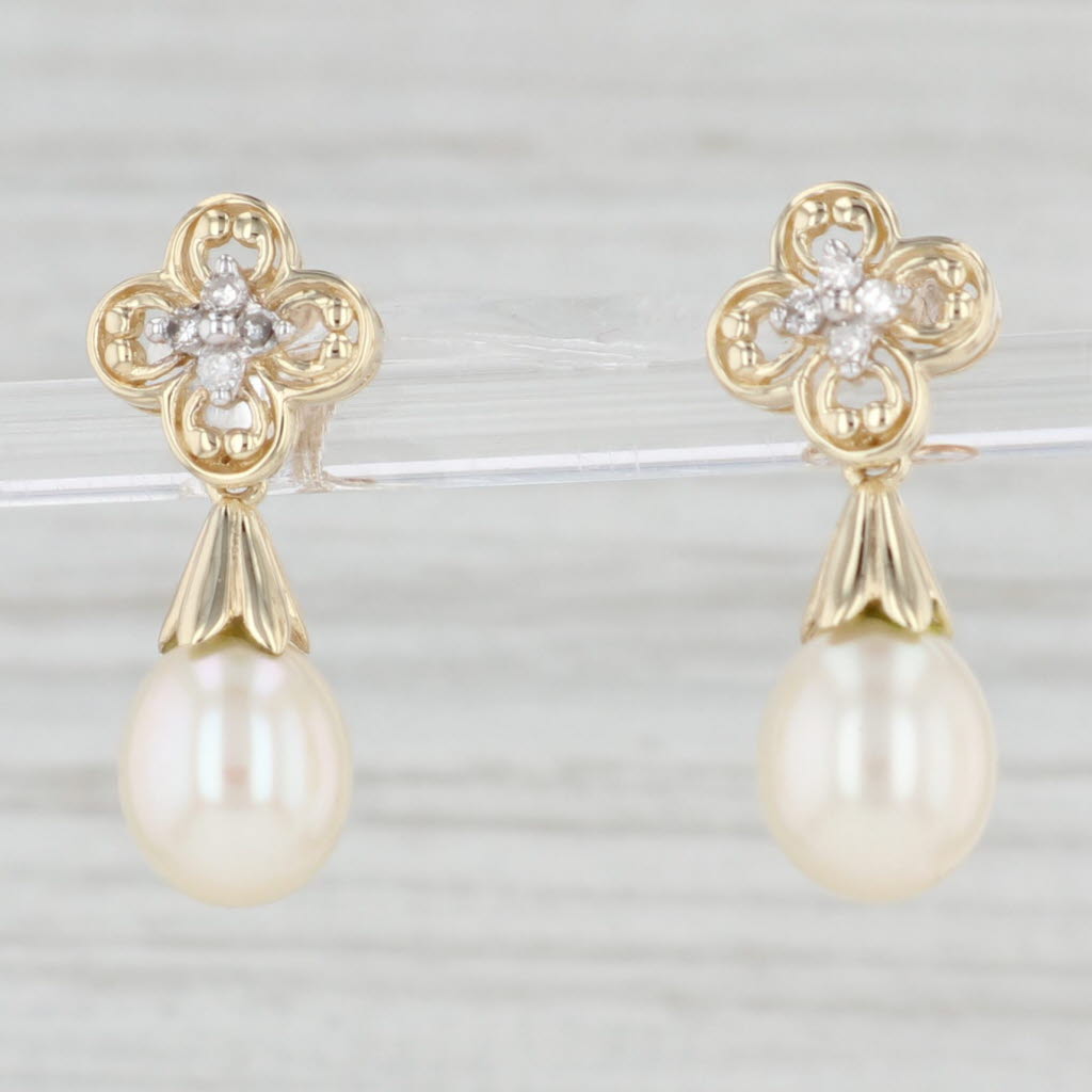 Light Gray Cultured Pearl Teardrop Diamond Flower Earrings 10k Yellow Gold Drops