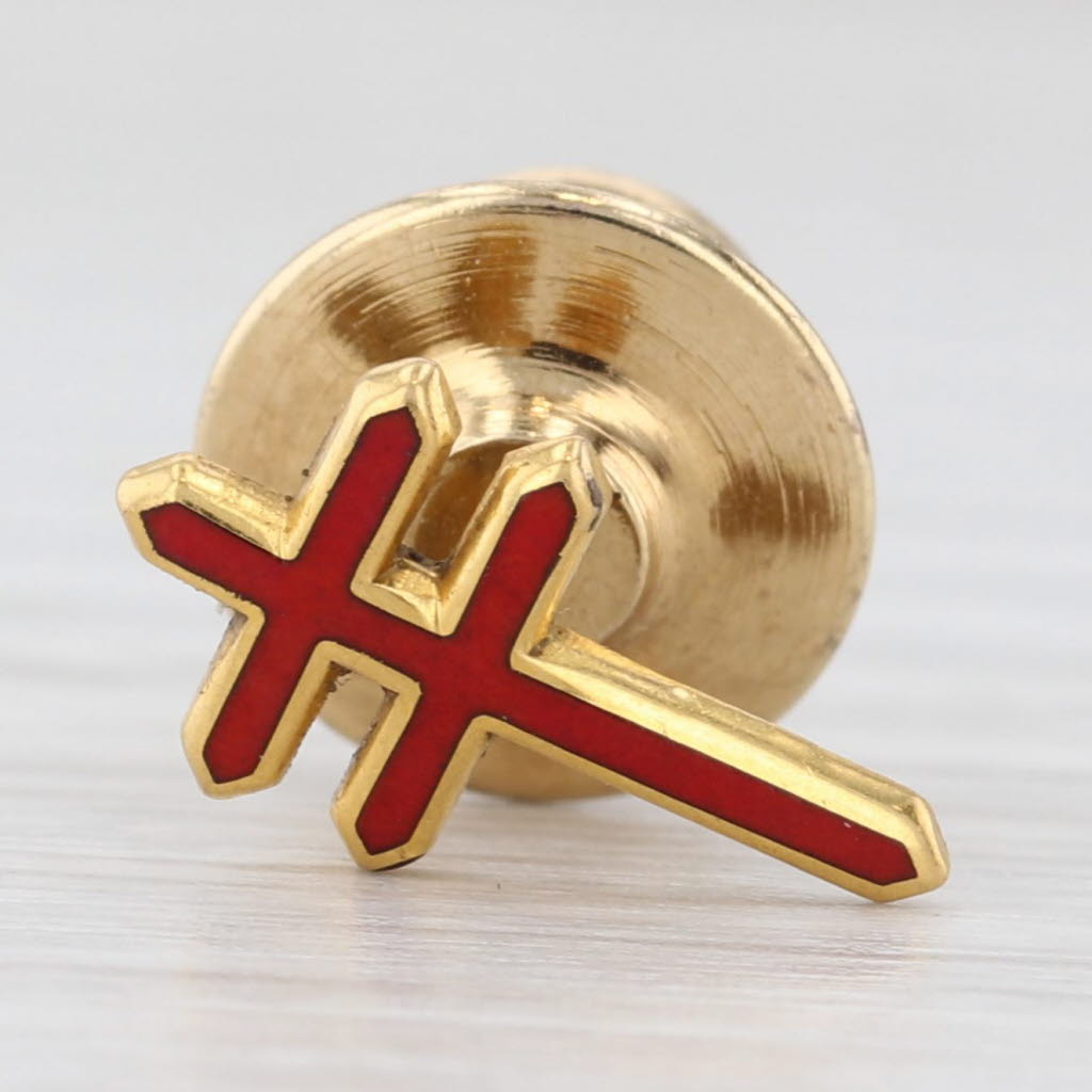 Light Gray Small Vintage Masonic Double cross Lapel Pin 10k Yellow Gold Enamel