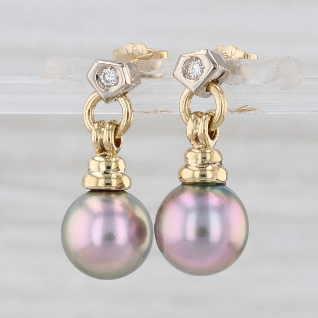 Gray Cultured Pearl Diamond Dangle Earrings 18k Yellow Gold Drops