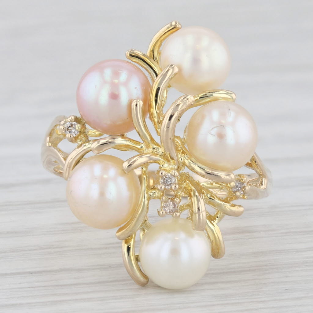 Light Gray Pink White Cultured Pearl Cluster Diamond Ring 14k Yellow Gold Size 7.5