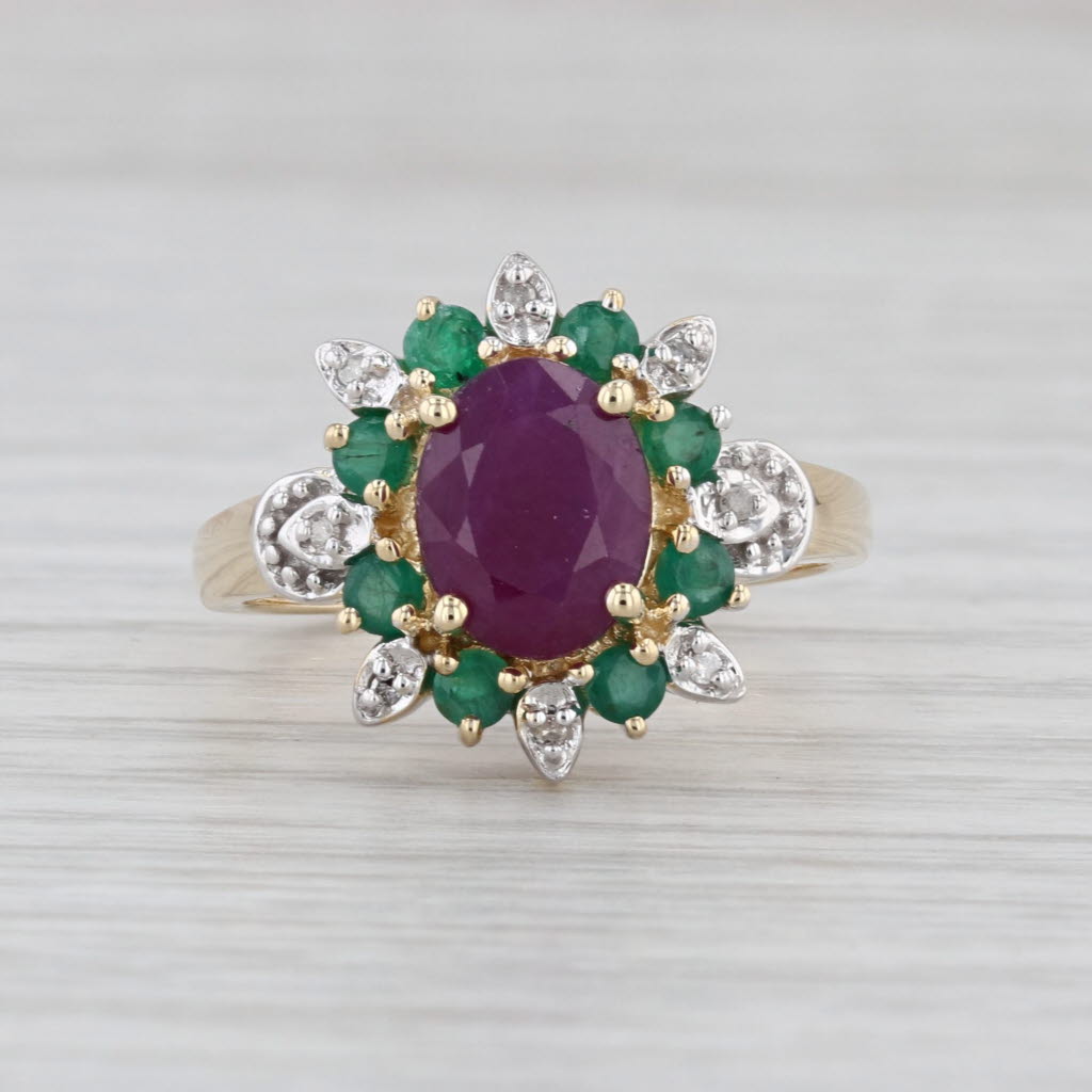 Ruby Emerald Diamond Halo Ring 14k Yellow Gold Size 8.25 Cocktail