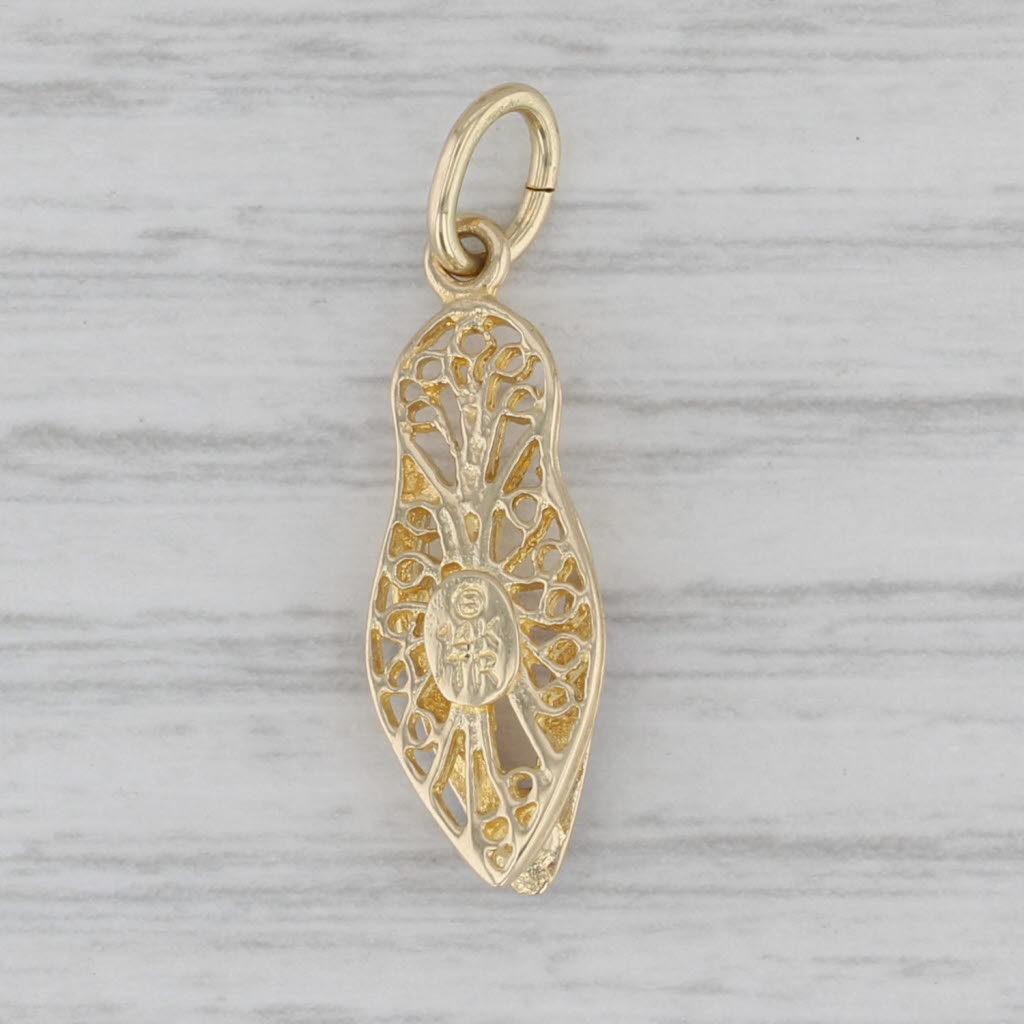 Gray Ornate Flip Flop Pendant 14k Yellow Gold Filigree Enamel Shoe Charm