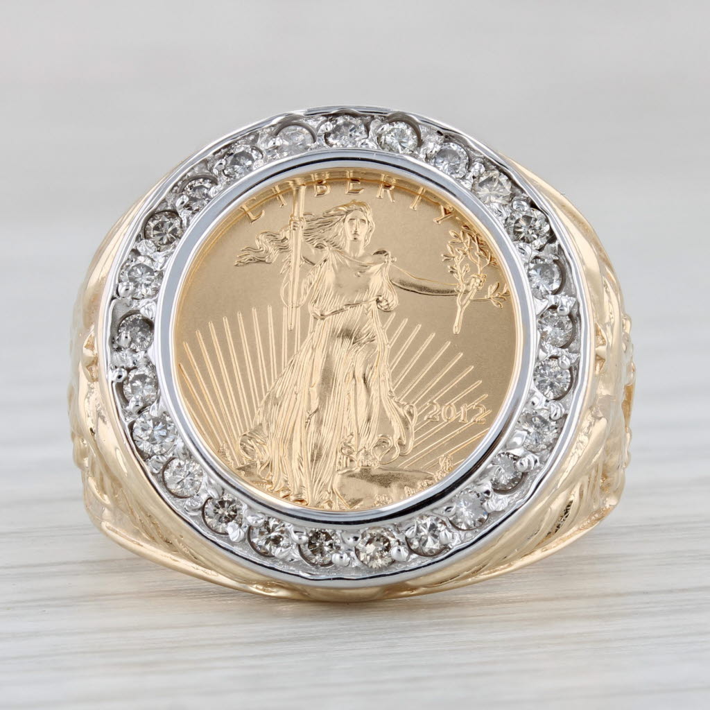 Gray 2012 American Eagle 1/10oz Coin Ring 10k 22k Gold 0.40ctw Diamond Bezel SZ 11