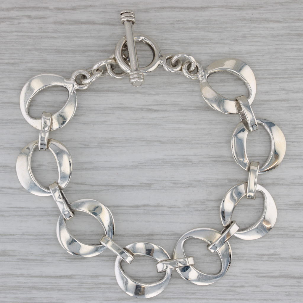 Dark Gray Circle Link Statement Bracelet Sterling Silver 7" 16mm