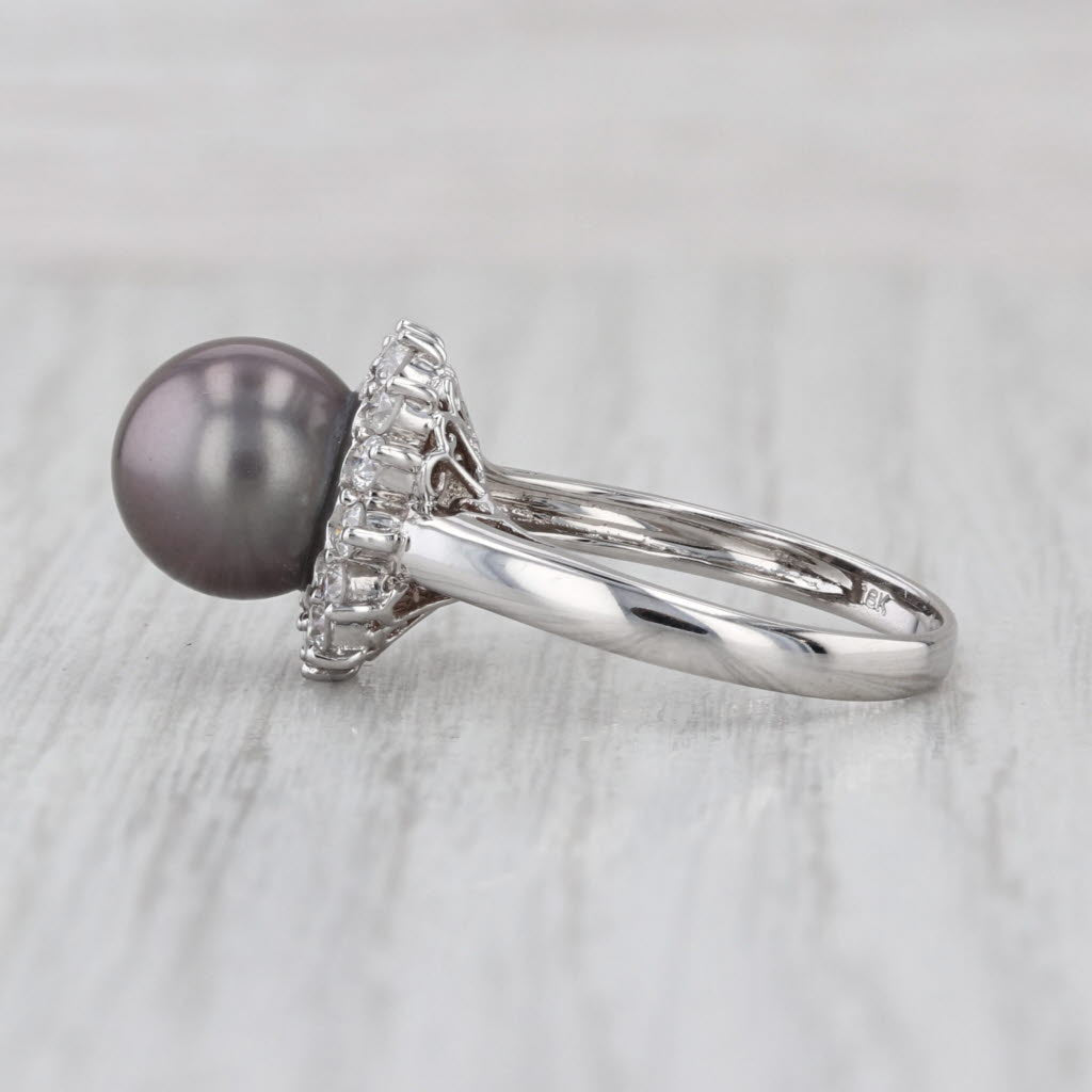 9.4mm Cultured Black Pearl 0.40ctw Diamond Halo Ring 18k White Gold Size 7