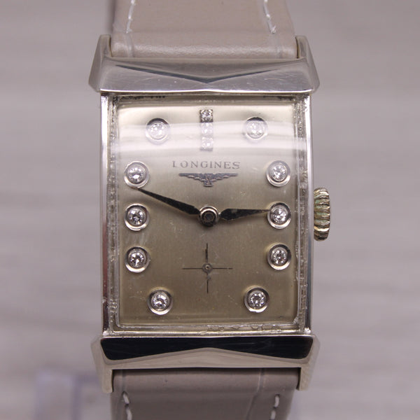 Vintage c.1956 Longines 14k White Gold Mens Diamond Dial Dress Watch 9LT