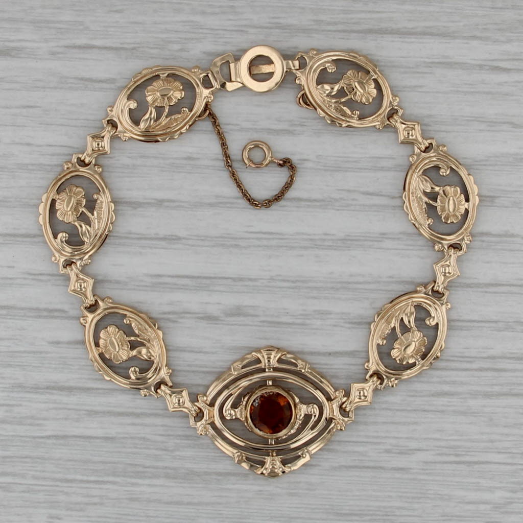 1ct Citrine Vintage Floral Bracelet 14k Yellow Gold 6.75" Oval Flower Links