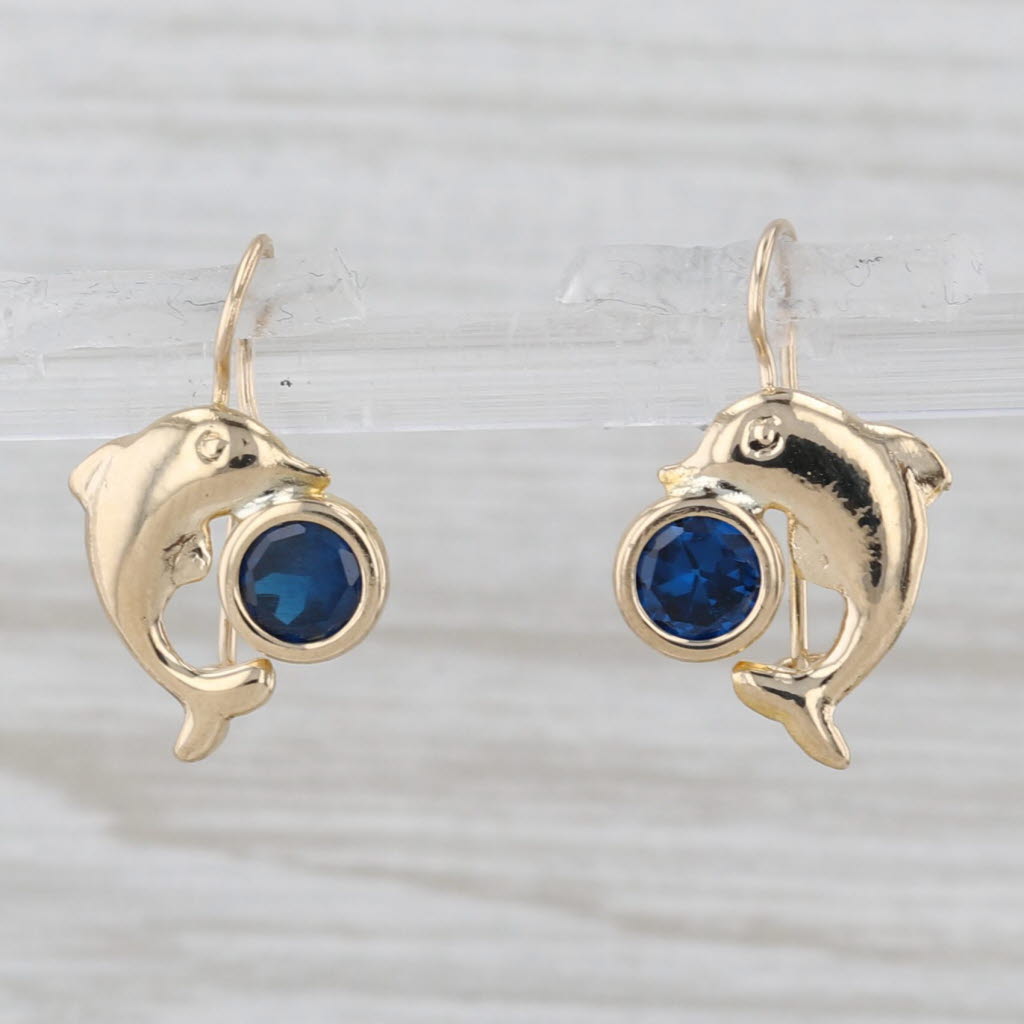 Gray Blue Glass Dolphin Drop Earrings 10k Yellow Gold Hook Posts
