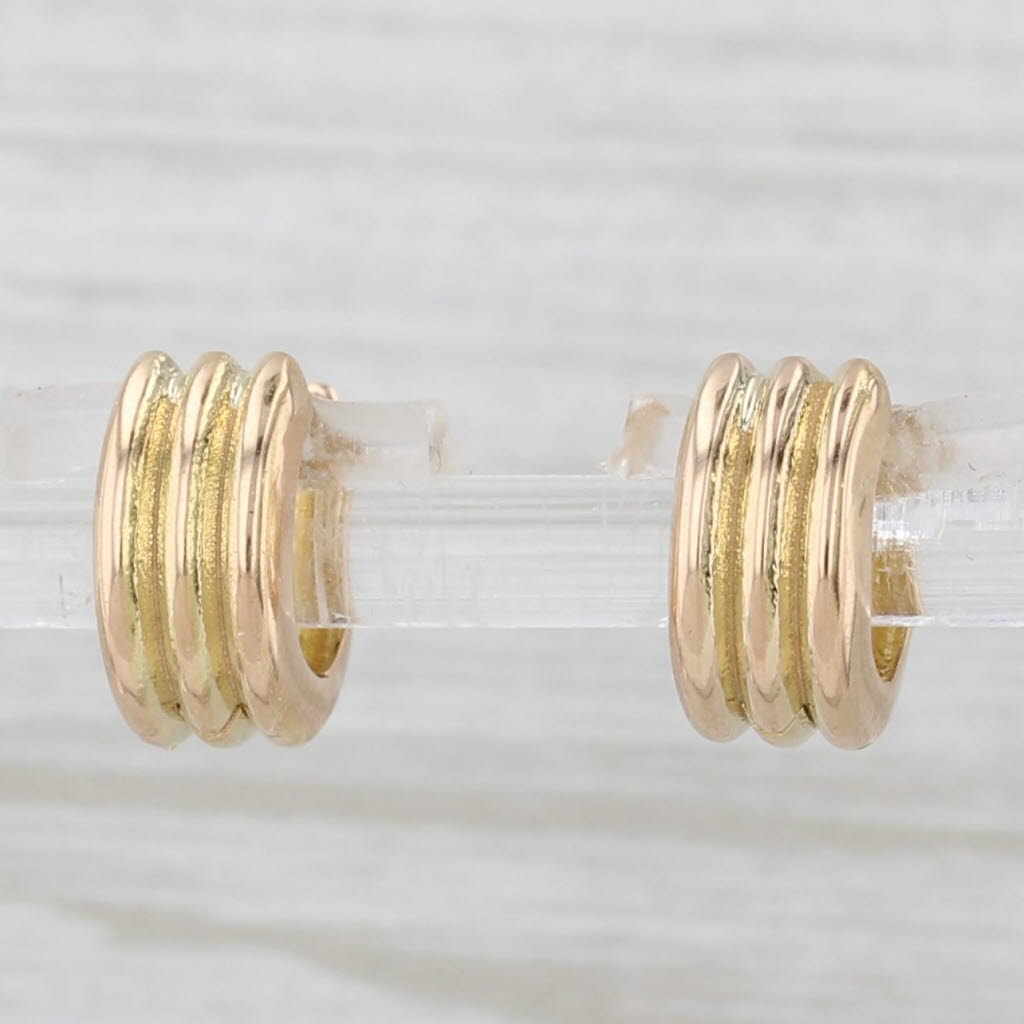 Light Gray Small Beveled Small Hoop Huggie Earrings 14k Yellow Gold Round Hoops Snap Top