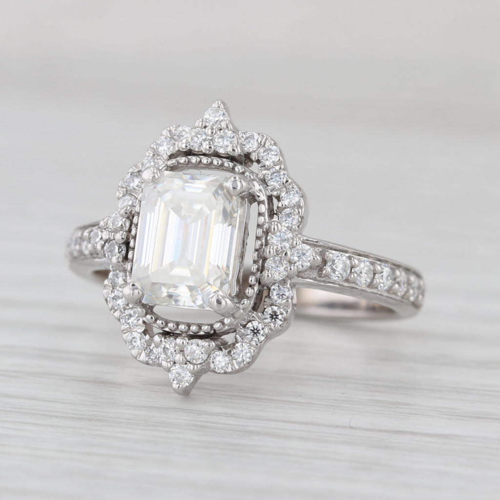 2.18ctw Moissanite Halo Ring Emerald Cut 14k White Gold Size 9-9.25 Engagement