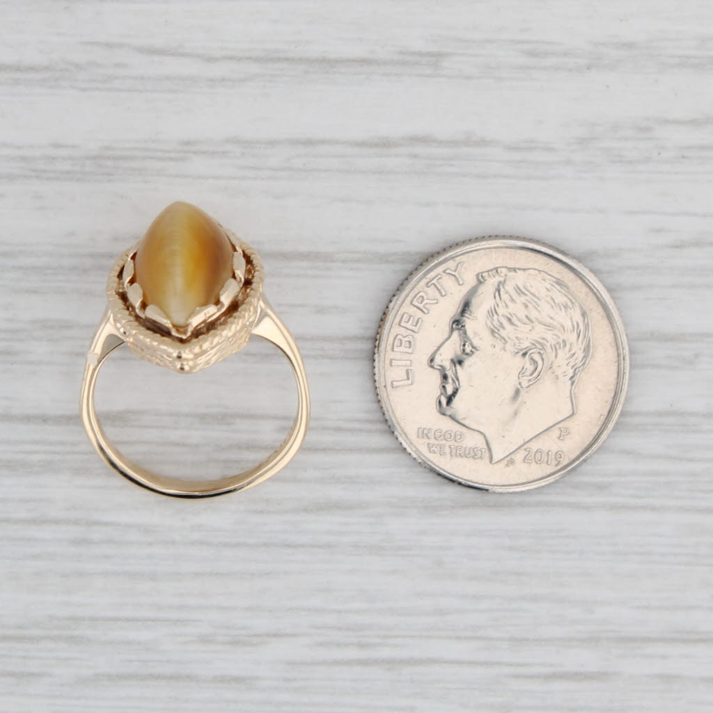 Light Gray Tiger's Eye Marquise Cabochon Solitaire Ring 10k Yellow Gold Size 2.5