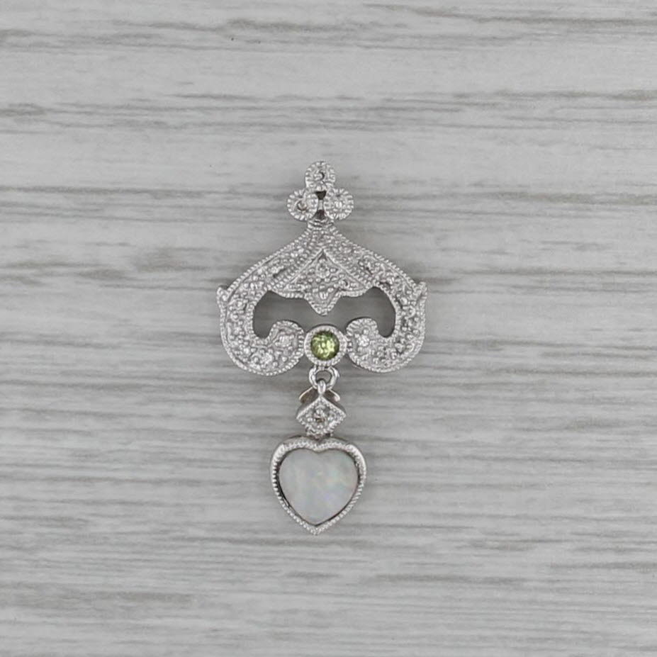 Opal Heart Peridot Diamond Pendant 14k White Gold Drop