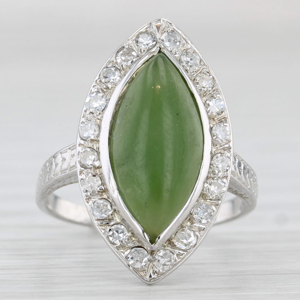 Light Gray Nephrite Navette Cabochon 0.27ctw Diamond Halo Ring 18k White Gold Size 4.5