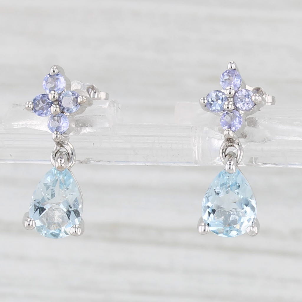 Light Gray 1.46ctw Tanzanite Aquamarine Dangle Earrings 10k White Gold Drops