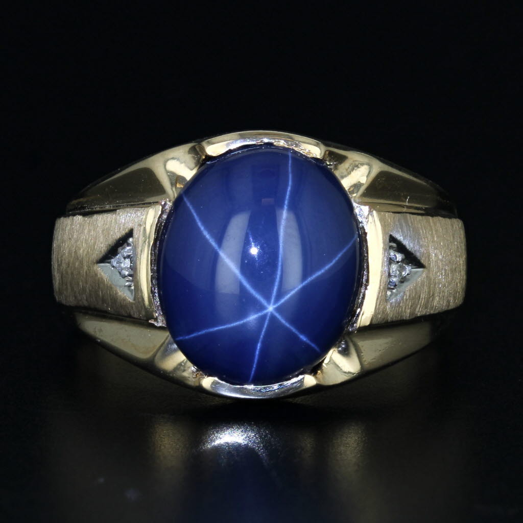 Black Lab Created Blue Star Sapphire Ring 10k Yellow Gold Size 8 Oval Cabochon