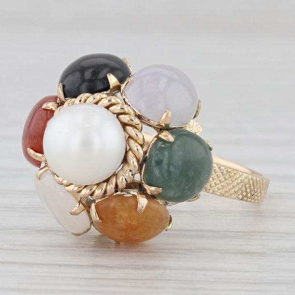 Light Gray Cultured Pearl Jadeite Jade Ring 14k Yellow Gold Cocktail Size 6.25