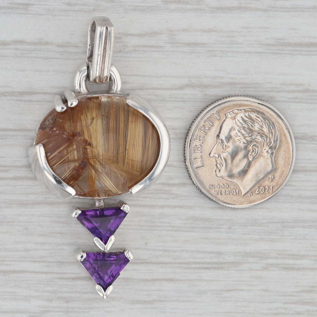 Gray Rutilated Quartz Amethyst Statement Pendant Sterling Silver