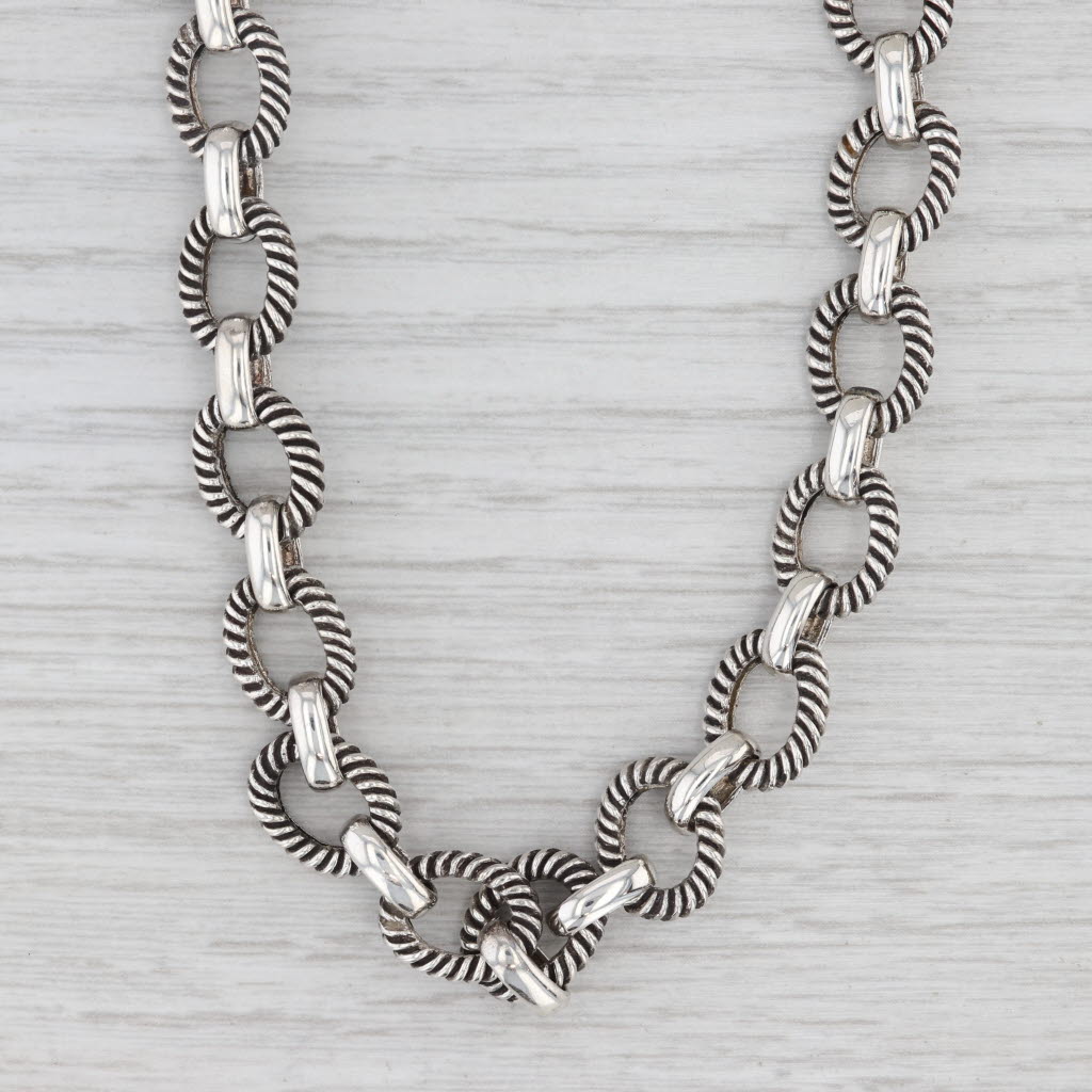 Light Gray Cable Links Cabochon Chain Necklace Sterling Silver Toggle Clasp 17.5" 9.8mm