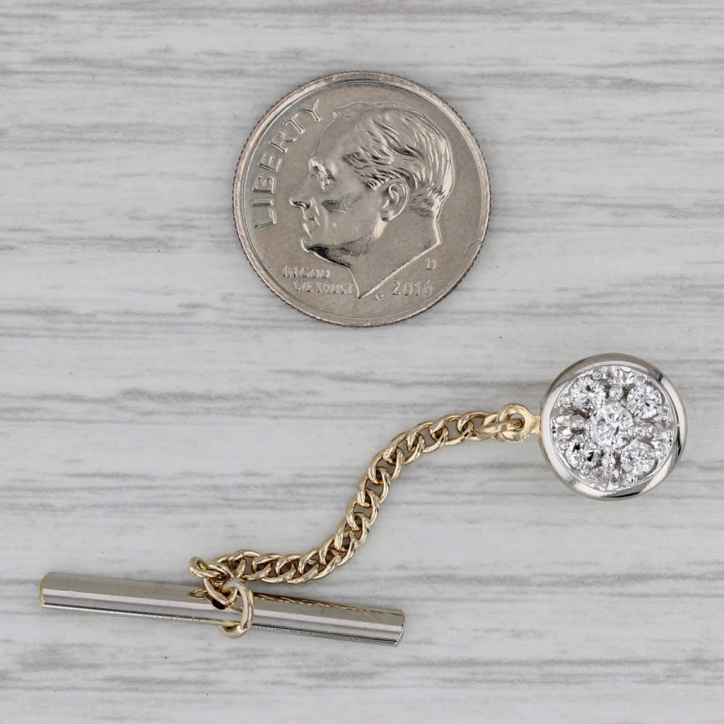 Gray 0.25ctw Diamond Cluster Tie Tac Pin 14k White Gold Push Back w/ Chain