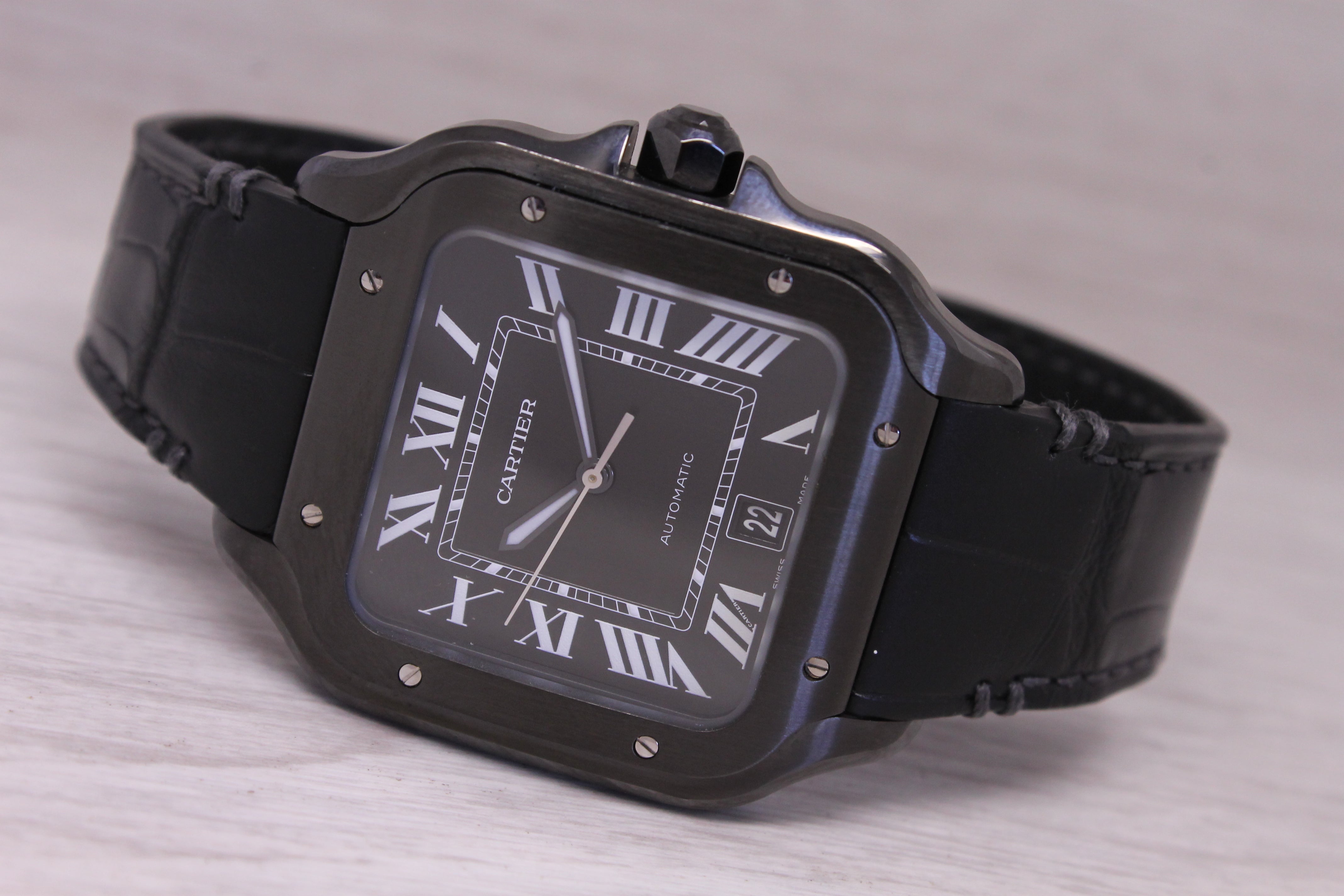 Cartier Santos Black ADLC WSSA039 Mens Automatic Watch w Box Card Extra Strap
