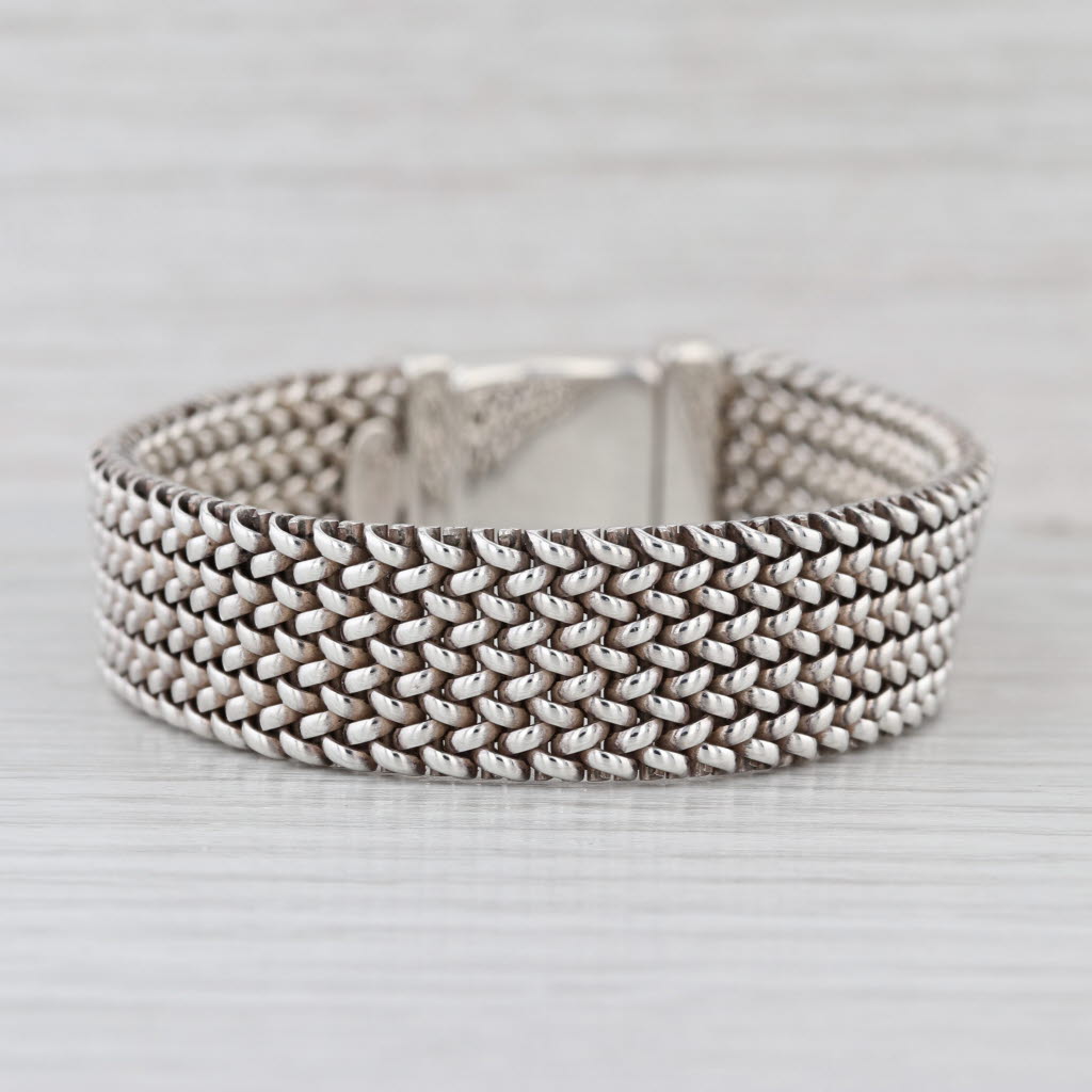 Flli Menegatti Italy Wide Mesh Bracelet Sterling Silver 7" 14mm Snap Clasp