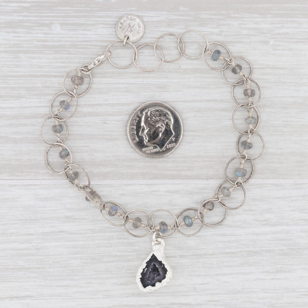 New Nina Wynn Druzy Geode Quartz Labradorite Bead Charm Bracelet 7.5" Sterling