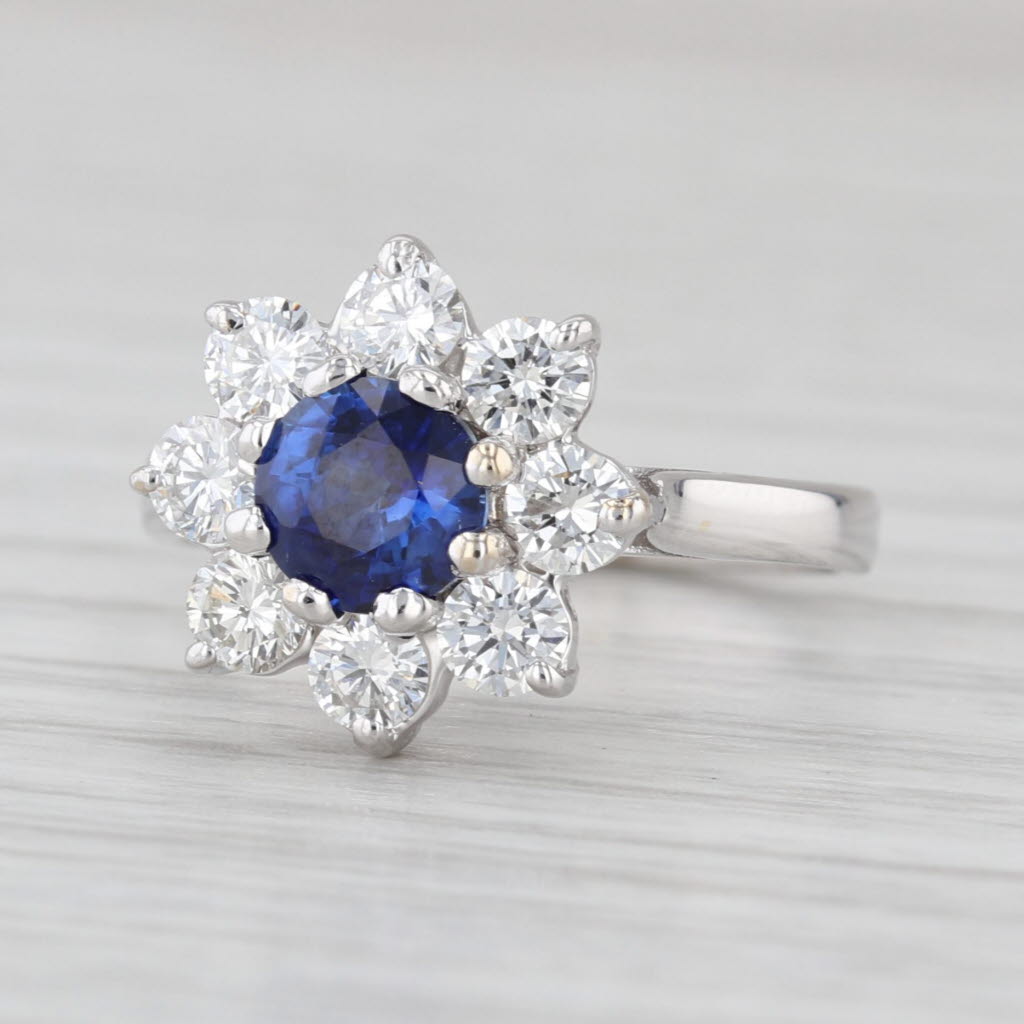 1.70ctw Blue Sapphire Diamond Halo Flower Ring 18k White Gold Engagement Sz 4.25