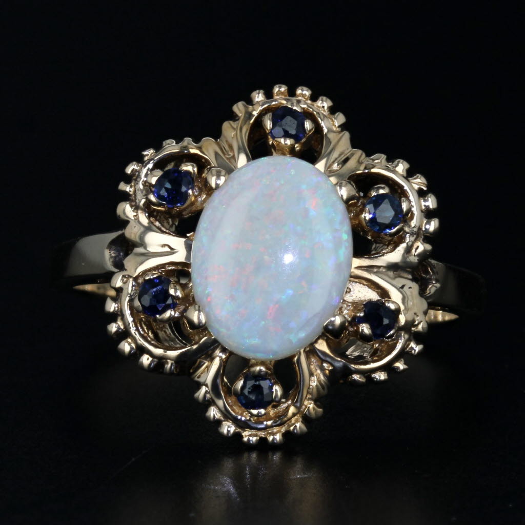 Gray Oval Opal Cabochon Sapphire Flower Ring 14k Yellow Gold Size 8