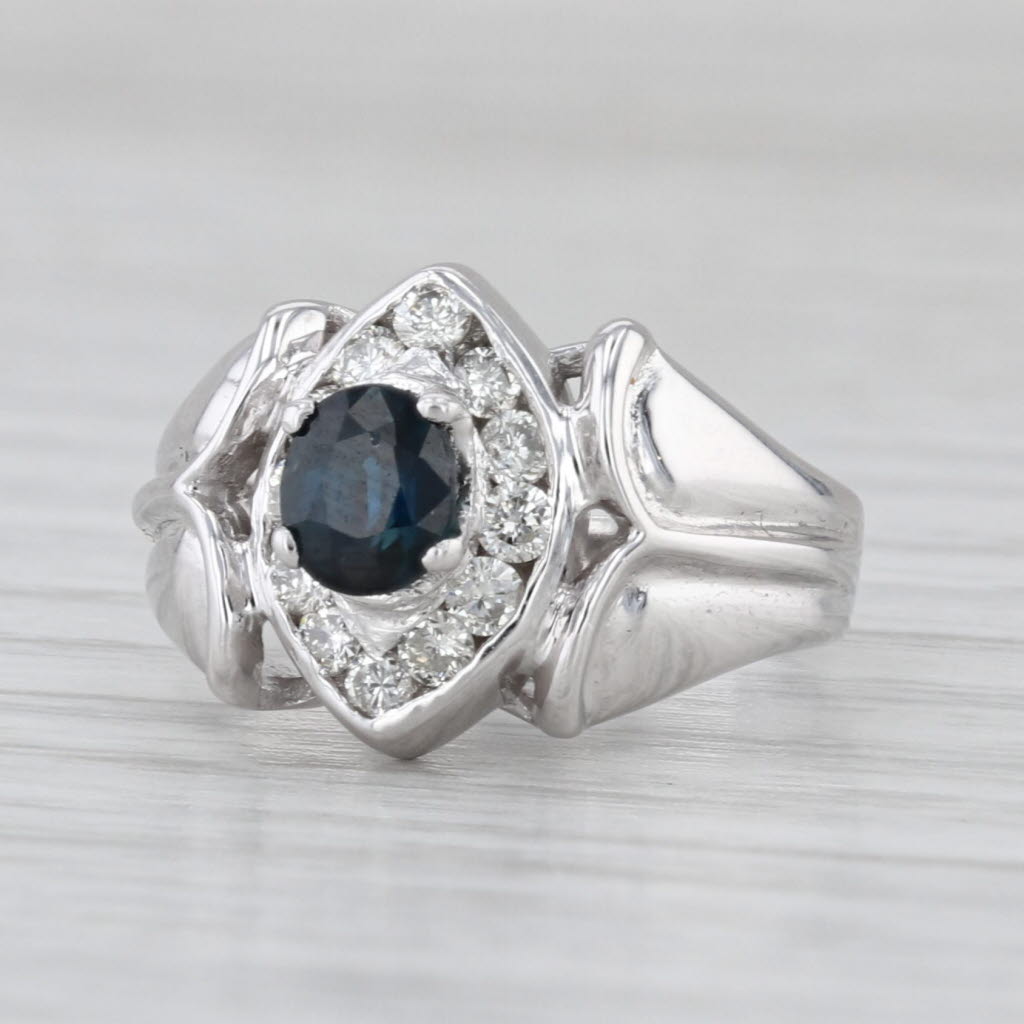 0.82ctw Blue Sapphire Diamond Halo Ring 18k White Gold Size 3.5 Engagement