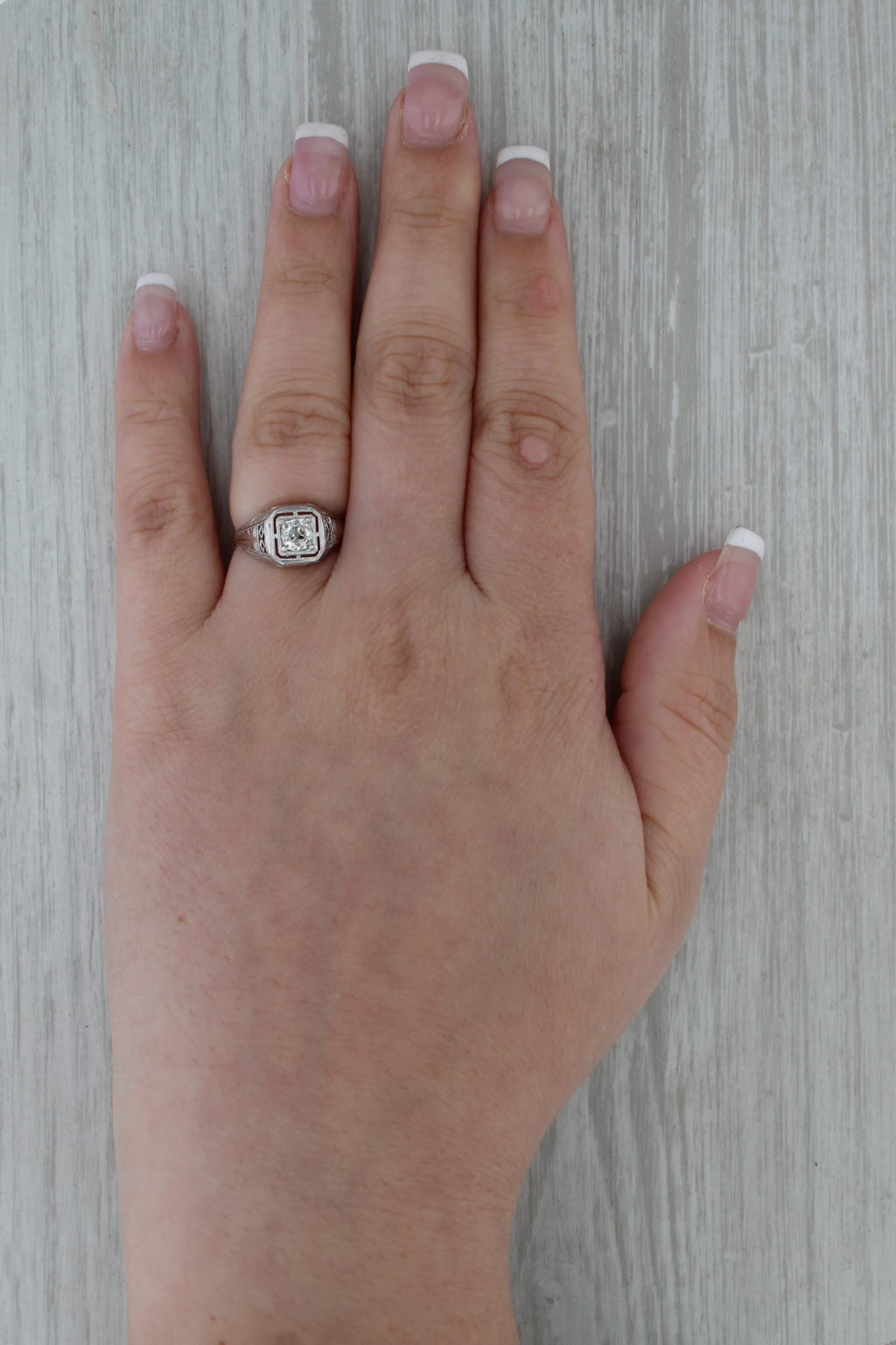 Art Deco Old Mine Diamond Engagement Ring 14k White Gold Filigree Size 5.75