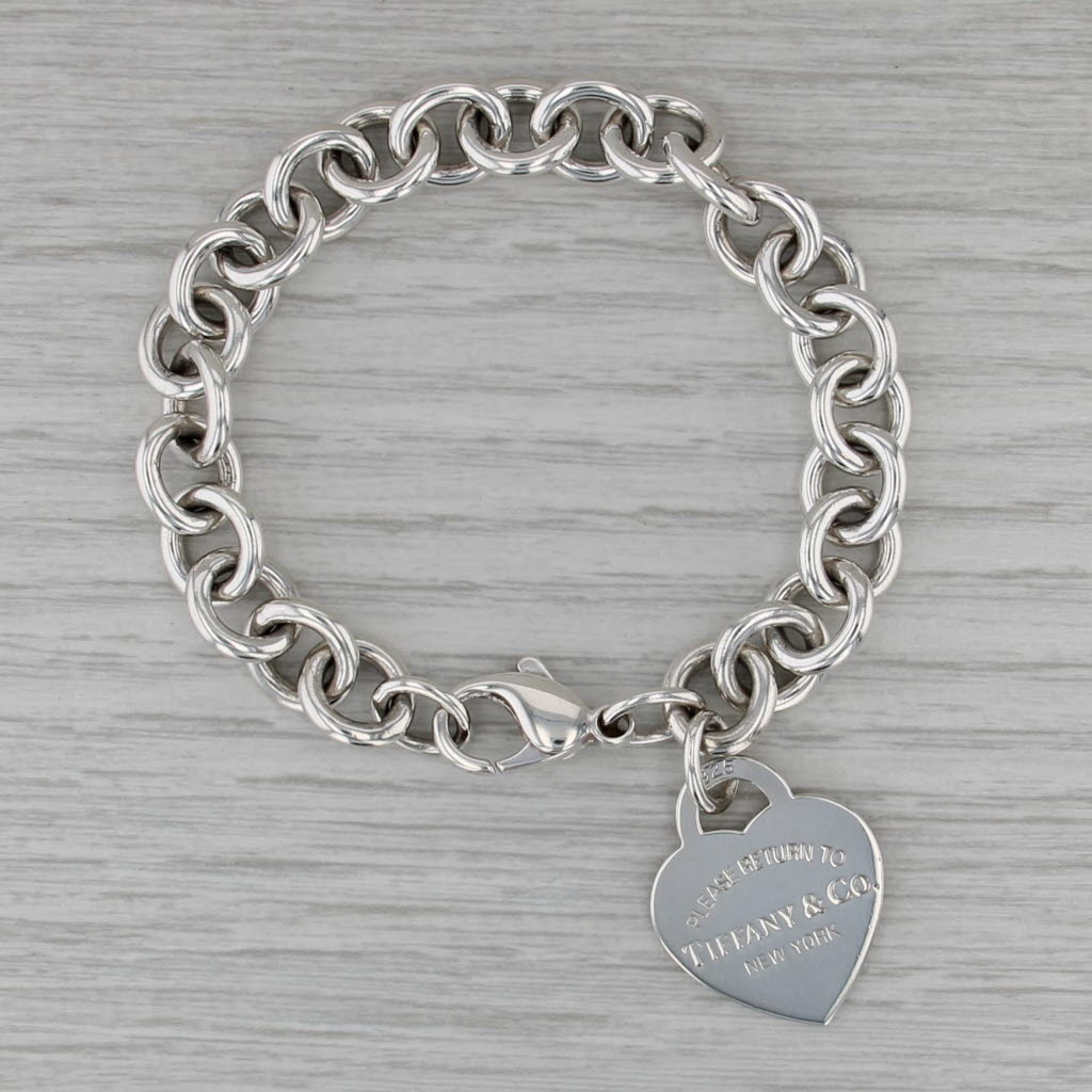 Tiffany ID Heart Return Tag Charm Bracelet w/ Pouch Sterling Silver 7"