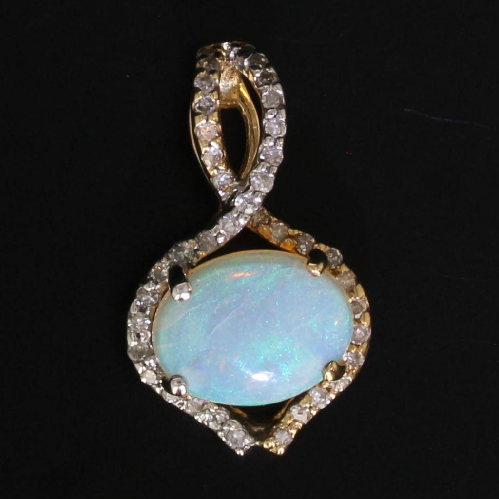 Dark Gray Opal Diamond Drop Pendant 14k Yellow Gold Oval Cabochon